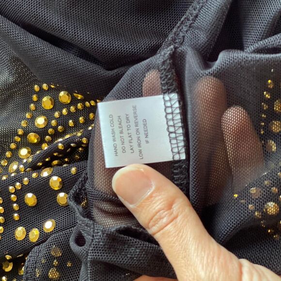 NWT Haute Project Black Mesh Sheer Gold Rhinestone Bodysuit GlamRock Size L - Picture 7 of 8